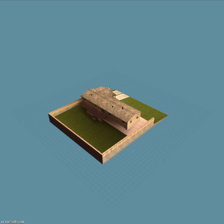 A small one storey house with a backyard and a fence (swburbhaus01) [3307] on the dark background